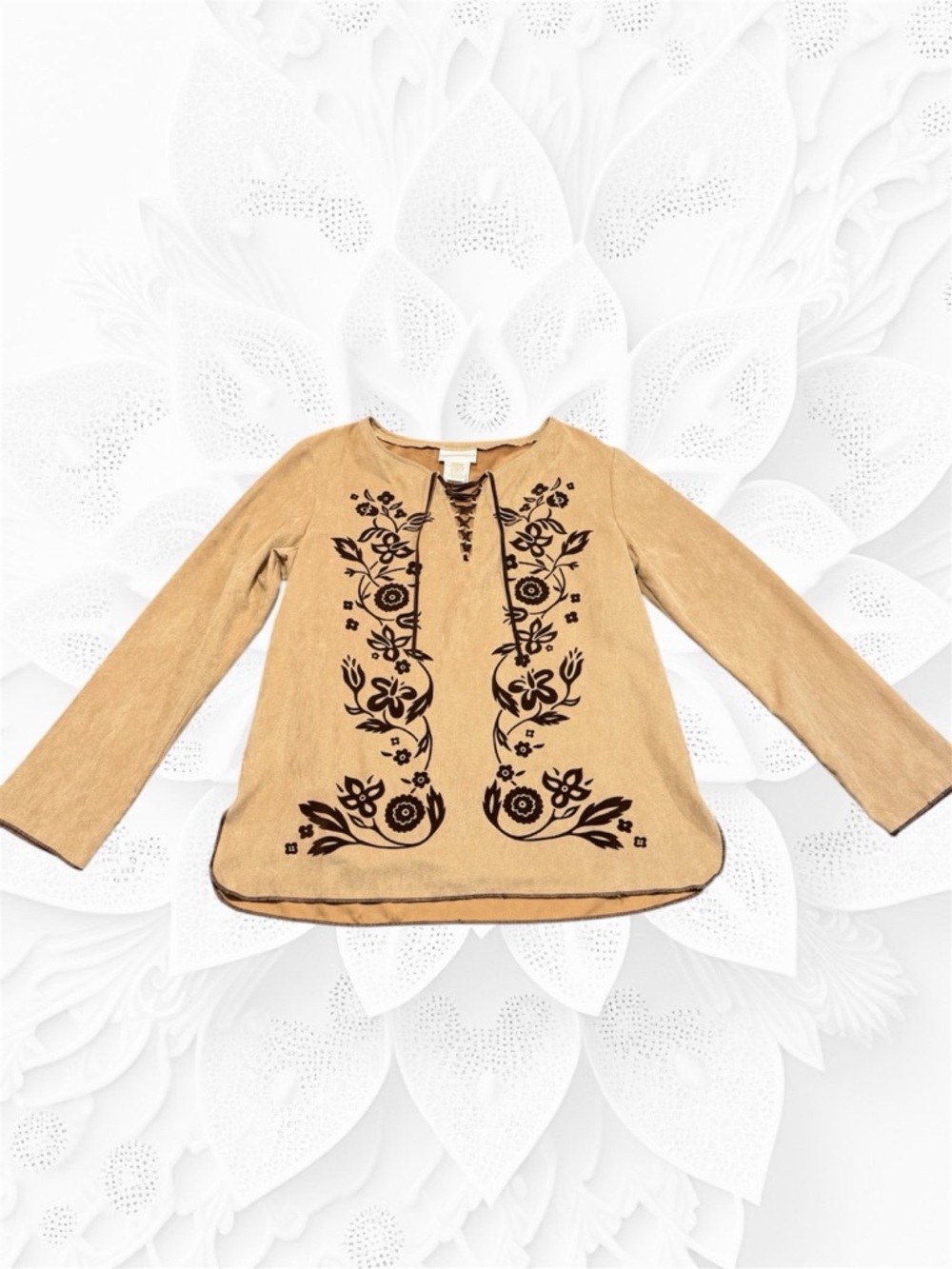 Embroidered Split-Neck Blouse - Camel